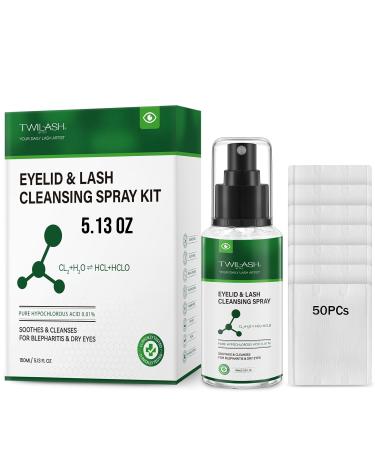 Eyelid and Eyelash Cleanser Spray Pure Hypochlorous Acid 150ml/5.13 fl oz Soothe & Cleanse for Blepharitis & Dry Eyes 50 Cotton Rounds