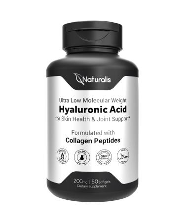 Naturalis Hyaluronic Acid 200mg, 10x Better Absorption Ultra Low Molecular Weight with Collagen, Biotin, Selenium & Vitamin E | Hair, Skin, Nails & Joint Supplements | 60 Softgels 60 Count (Pack of 1)