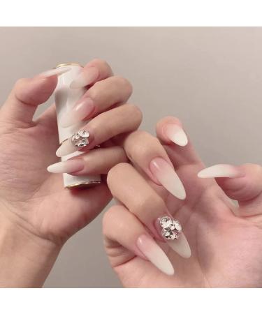 MERVF Almond Press on Nails Medium Fake Nails Nude Stiletto Acrylic Nails with Diamond Designs 24pcs Glossy Glue on Nails for Women and Girls 033-01