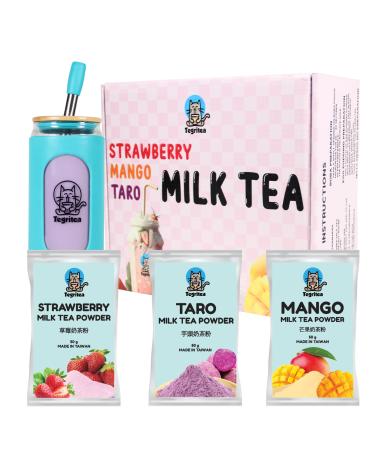 Best Bubble Tea Home Kit DIY | Real Tea | Ready In 10 Minutes | 30 Seconds Boba| Tegritea (6 Servings w/Deluxe Cup Strawberry | Mango | Taro (Boba & Jelly Toppings)) Strawberry | Mango | Taro (Boba & Jelly Toppings w/ Tumbler) 6 Count (Pack of 1)