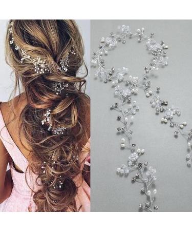 Latious Crystal Bride Wedding Hair Vine Silver Long Rhinestones Bridal Headband Pearl Hair Accessories Breath Headpiece for Women and Bridesmaid (100cm / 39.3inches)