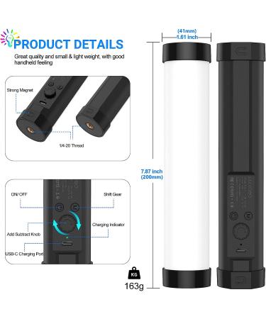 LUXCEO Handheld RGB LED Video Light Wand for Photography - Rechargeable Mini Stick for Video Shooting - Magnetic Professional Tube Light for YouTube and TikTok - Black - Buy Online on GoSupps.com