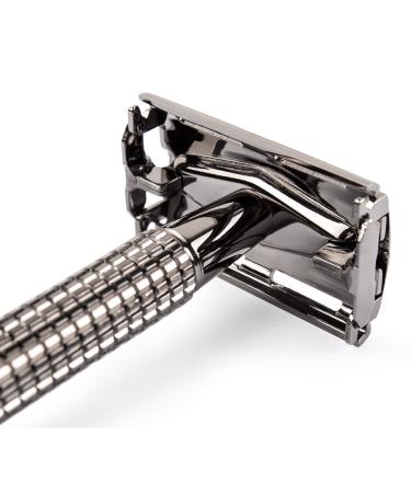 QSHAVE Butterfly Open Long Handle Double Edge Safety Razor Set - Nostalgic Design - Men and Women - 1 Razor + Leather Sleeve + 5 Titanium Coated Blades - Buy Online on GoSupps.com