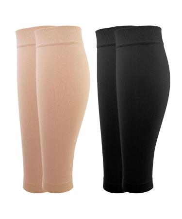 2 pairs of calves medical compression stockings women & men 20-30 mmHg class 2 calf supports graded support support stockings for varicose veins edema flight sports l black+beige