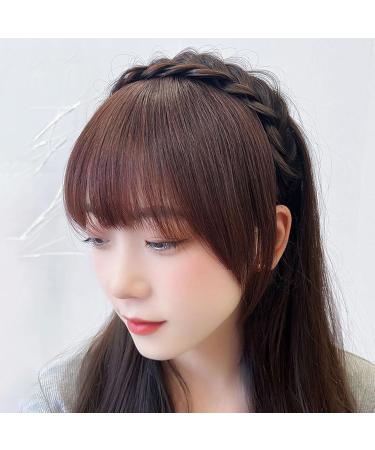 Fluffy Fake Hair Band Bangs Headband with Bangs Fluffy Front Fake Bangs Synthetic Braided Headband Wig with Bangs Non slip Headband Hair Extensions for Women Girls(Dark Brown) - Buy Online on GoSupps.com