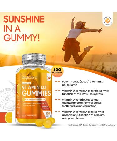 Vitamin D Gummies Adults 4000IU - Sugar-Free, Natural Lemon Flavour - 4 Months Supply - 120 Chewable Vitamin D3 Gummies - Vegetarian Friendly - High Strength Supplement - GMO & Gluten Free - Buy Online on GoSupps.com
