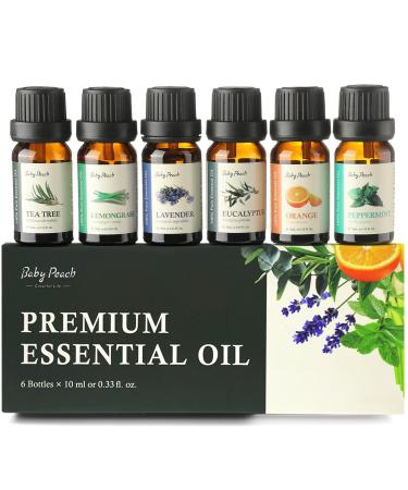 Essential Oils Set - Top 6 Aromatherapy Oils Perfect for Diffuser Humidifier Candle Making Essential Oil Home Gifts Set Eucalyptus Lavender Orange Peppermint Tea Tree (10ml) 0.33 Fl Oz (Pack of 6)