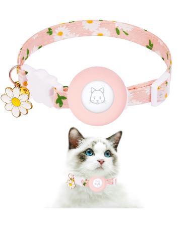 Airtag Cat Collar, JXFUKAL Kitten Collar Breakaway with Silicone Airtag Holder, Bells & Flower Charm for Girl Cats Boy Cats Small Dogs Pink
