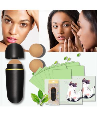 Oil-Absorbing Volcanic Face Roller Reusable Portable Oil Control Roller Instant Effect Removes Excess Shine Facial Care Tools with 2Pcs Replaceable Volcanic Balls 2Pcs Oil-absorbent Facial Tissue