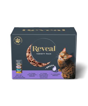 Reveal Natural Wet Cat Food, 12 Pack, Limited Ingredient Wet Cat Food in Broth Pouches, Grain Free Food for Cats, 2.47oz Pouches Fish & Chicken Variety