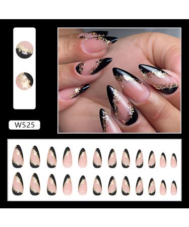 Medium Almond Black French Tip Press on Nails with Gold Foil - 24pcs - Buy Online on GoSupps.com