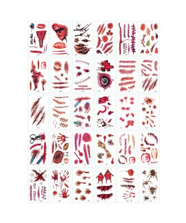 Halloween Temporary Tattoos Blood Wound Bleeding Scar for Halloween Makeup Zombie Makeup Party Cosplay Costume Looks Real on Face and Body Face Decals Prank Zombies Party Supplies Halloween