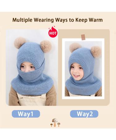 Kids Winter Warm Knitted Hood Hat with Double Pom Pom Design - Blue | Fleece Lined Earflap Beanie Cap for Toddlers Boys Girls 1-3 Years - Buy Online on GoSupps.com