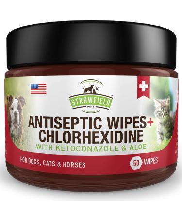 Chlorhexidine Wipes for Dogs, Cats - Ketoconazole, Aloe - 50 Pads - Cat, Dog Hot Spot Treatment, Mange, Ringworm, Yeast Infection, Allergy Itch Relief, Acne, Deodorizer Antibacterial Antifungal, USA