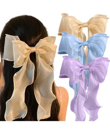 Youvelst 3PCS Bow Hair Barrettes for Girls Blue Purple White Large Hair Metal Clips for Women French Barrette Big Bow Ribbon Hair Accessories Blue&White&Pink