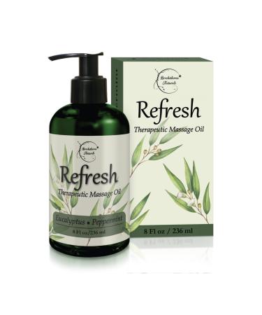Refresh Massage Oil with Eucalyptus & Peppermint Essential Oils - Great for Massage Therapy. All Natural Muscle Relaxer. Ideal for Full Body Massage  Nut Free Formula 8oz 8.5 Fl Oz (Pack of 1)