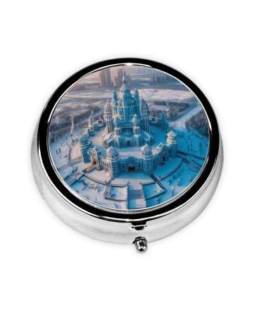 Castles Under The ice Portable Metal Pill Box Round Mini 3-Compartment Plastic Insert hinged Fastening Design Suitable for Small Pills Must-Have for Travel