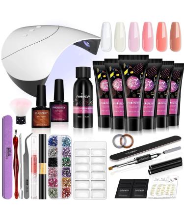 Poly Nail Extension Gel Kit, Phoenixy 6 Colors Poly Nail Gel with 36W U V/LED Nail Lamp Nail Builder Set 1 Color Nail powder pen All-in-One Manicure Starter Kit