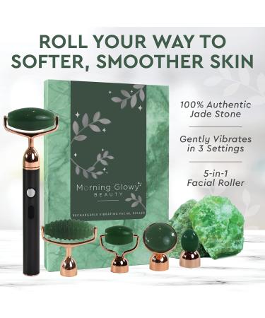 Vibrating Jade Face Roller & Massager - 5 in 1 Rechargeable Tool for Soft Skin & Relaxation | Soothes Puffy Eyes - Green Quartz Beauty Set - Buy Online on GoSupps.com