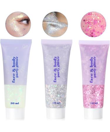 URAQT Body Glitter Gel 3Pcs - Holographic Mermaid Sequins - Chunky Cosmetic Glitter for Face, Body, Hair, Nails - Silver, Pink, White - Sparkling Festival Party Lotion - Buy Online on GoSupps.com