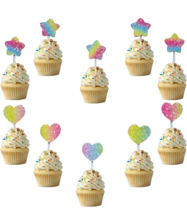 Shiny Rainbow Cupcake Topper 10CS Vivid Colorful Gradient Shiny Heart Stars Cupcake Toppers for Cake Decorations DIY Happy Birthday Cake Toppers for Kids Boys Girls Party Supplies - Buy Online on GoSupps.com