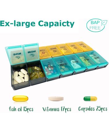 Mossime XL Daily Pill Organizer - 2 Times a Day, 7 Day AM PM Weekly Medication Dispenser - Big Pill Container with 14 Compartments (Blue-Orange) - Buy Online on GoSupps.com