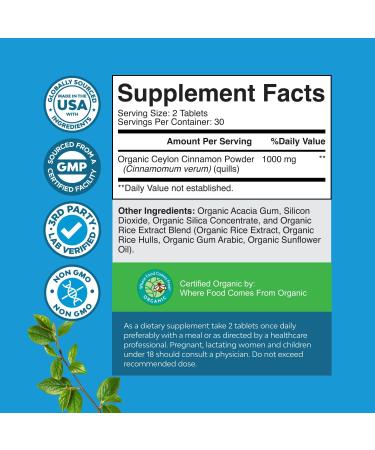 Organic Ceylon Cinnamon Extract Tablets 1000mg - Ceylon Cinnamon Organic Supplement for Immune System & Heart Health Aid - Immune Support Supplements for Adults - 60 Count - Buy Online on GoSupps.com