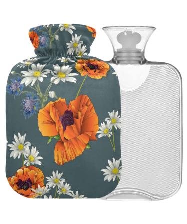 NAANLE hot water bottle with reference vintage goose flower poppy flowers Transparent hot water bottle 2l large hot hot water bottle for menstrual cramps pain relief handfoots heat and cold therapy