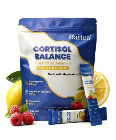 Cortisol Calm Drink Mix with Magnesium Glycinate Powder L-Theanine Vitamins and Ashwagandha for Relaxation & Focus | Adaptogen Drink & Cortisol Support | 30 Packets (Raspberry & Lemon Flavor) Raspberry Lemon