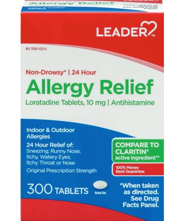 Leader 24 Hour Allergy Relief Non-Drowsy Loratadine 10mg Antihistamine Original Prescription Strength Sinus Relief Indoor and Outdoor Counteract Allergy 300 Tablets 300 Claritin