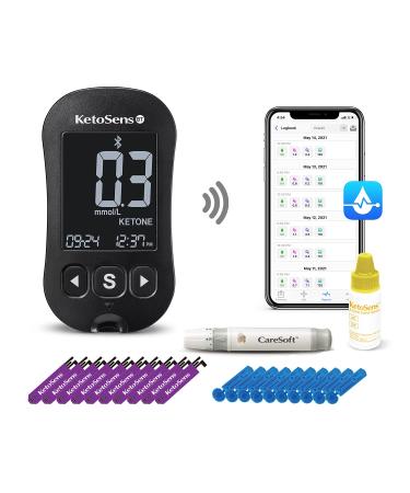 KetoSens Blood Ketone Monitoring Starter Kit with Bluetooth - Ideal for Keto Diet. Includes Meter, 10 Ketone Test Strips, 1 Control Solution Vial, 1 Lancing Device, 10 Lancets & Travel Case