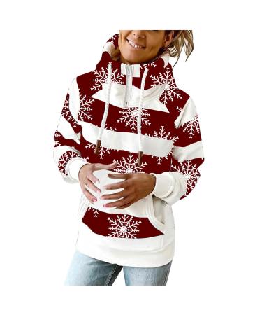 Ganfancp Women's Sweatshirt Winter Warm Thickened Turtleneck Long Sleeve Pullover Plaid Print Drawstring Zipper Pocket Top Red Women Tops 81 Large