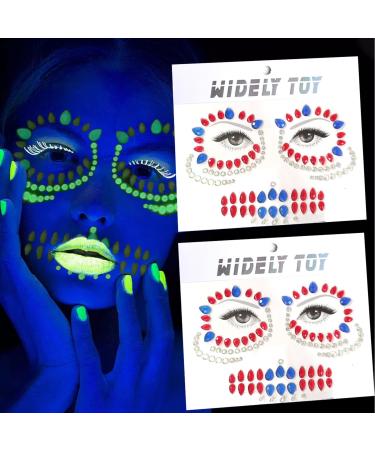 Colorful Face Jewels Stickers Halloween Diamonds Face Stickers Glow In The Dark Rhinestone Stickers Red Blue Drip Gem Stickers Clown Face Gem Halloween Face/Eye/Body Decoration for Children Adult (01)
