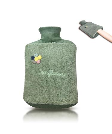 Heat bottle 2.0l with lid and cuddly soft fur cover kangaroo pocket - leak -proof bed bottle with a soft removable cover ideal for pain relief (Sunflawer Mint green)