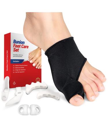 Ped-Rx Bunion Corrector for Women and Men - Orthopedic Splint to Straighten Overlapping Toes, Crooked Toes, Hammer Toe - 8 Piece Set Includes 2 Bunion Sleeves, 2 Toe Separators, 2 Toe Spacers, 2 Gel Protector Shields (Black)