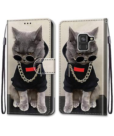 Nadoli mobile phone case leather for Samsung Galaxy A8 2018 colorful painted cool gold chain cat carrying slip card compartment magnet stand protective cover wall pocket leather bag bag case case samsung galaxy a8 2018 gold chain cat