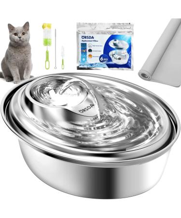ORSDA Cat Water Fountain Stainless Steel, Pet Fountain Dog Water Dispenser, Ultra-Quiet Automatic Cat Drinking Fountains with 6 Replacement Filters & 1 Silicone Mat for Cats, Small Dogs 67oz Fountain+1 Silicone Mat, Filter x 6,Brush x 3