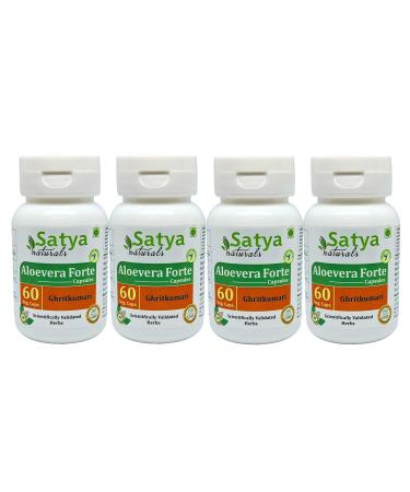 Aloevera Forte Capsules 500 mg. 60 Veg. Capsules | Aloevera (Ghritkumari) Extract Capsules for Men and women | One month Supply | Ayurvedic Herbal Supplement/Remedies (4 Bottles of 60 Capsules) 240 Count (Pack of 1)