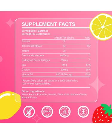 Creatine for Women Creatine Monohydrate Gummies with Collagen Vitamin D3 & Calcium for Muscles Booty & Energy Flavored Sugar Free Creatine Gummies Post & Pre Workout Supplements for Women 120 Ct - Buy Online on GoSupps.com