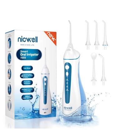 Water Dental Flosser Cordless for Teeth - Nicwell 4 Modes Dental Oral Irrigator, Portable and Rechargeable IPX7 Waterproof Powerful Battery -Water Teeth Cleaner Picks for Home&Travel White