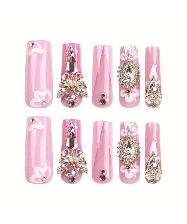 Extra Long Press On Nails - Gold Butterfly & 3D Diamond Floral Designs | XL Fake Nails for Women - 24pcs Stick On Set - Buy Online on GoSupps.com