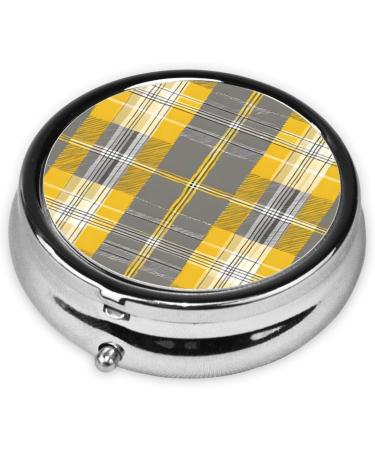 Yellow Gray Black Plaid Mini Round Pill Box | 3 Compartment Travel Pill Organizer | Portable Medicine Case for Home & Office - Buy Online on GoSupps.com