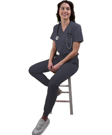 Green Town Women's V-Neck Tuck-In Top & Slim Fit Jogger Yoga Pant Scrub Set - Medium Pewter | GT 4FLEX Nursing Wear - Buy Online on GoSupps.com