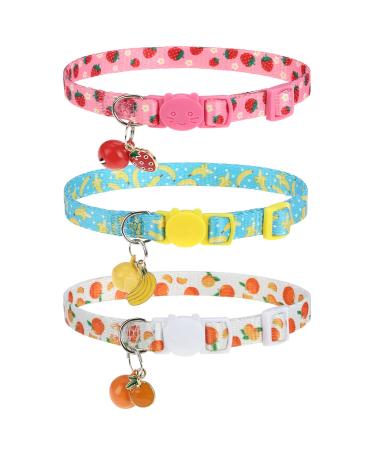 VKPETFR Breakaway Cat Collars with Bell & Cute Pendants - 3 Pack Adjustable Safety Kitten Collars - Decoration for Girl Boy Cats Puppy and Small Pets Fruit