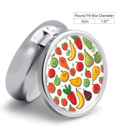 Round Pill Box with Vegetable & Fruit Print - 3 Compartment Portable Metal Pill Organizer - Buy Online on GoSupps.com