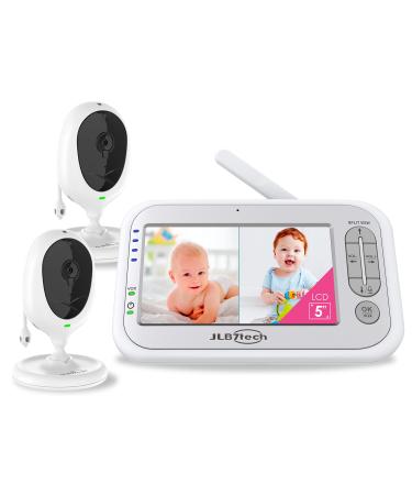 Baby Monitor, JLB7tech 5" Split Screen,Video Baby Monitor with 2 Cameras and Audio,Night Vision,Two-Way Talk,Long Range,Feeding Time,Lullabies,Temperature Detection,Power Saving/Vox,Zoom in
