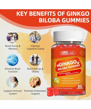 Babivek Ginkgo Biloba Gummies with Ashwagandha Vitamin C & Magnesium - Vegan Non-GMO Gluten-Free - Raspberry Flavor 60 Count - Buy Online on GoSupps.com