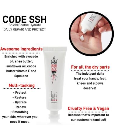 CODE Beautiful Hand Cream to Protect Restore & Renew skin For all skin Hand Cream for Very Dry Hands Barrier Cream for hands Feet & Elbows Cruelty Free & Vegan SSH Shield Soothe Hydrate 30ml - Buy Online on GoSupps.com