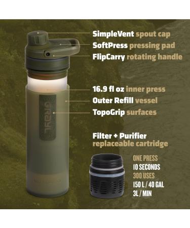 GRAYL UltraPress Water Purifier & Filter Bottle 16.9 oz - Best for Hiking Backpacking Survival & Travel (Olive Drab) - International Shipping Available - Buy Online on GoSupps.com