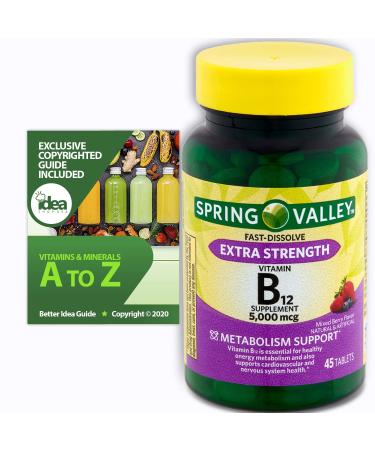 Vitamin B12 Fast Dissolve Tablets by Spring Valley 5000 mcg + Vitamins & Minerals - A to Z - Better Idea Guide | Metabolism Support and Natural Mixed Berries Flavor (1 Pack 45ct) 45 Count (Pack of 1)